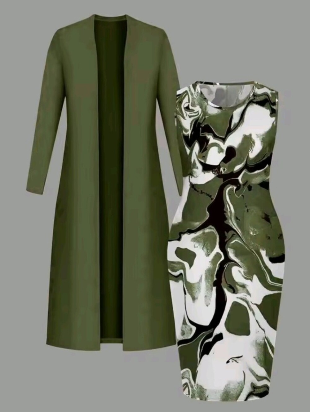 Women's Long Sleeve Open Front Long Cardigan And Marble Print Sleeveless Dress